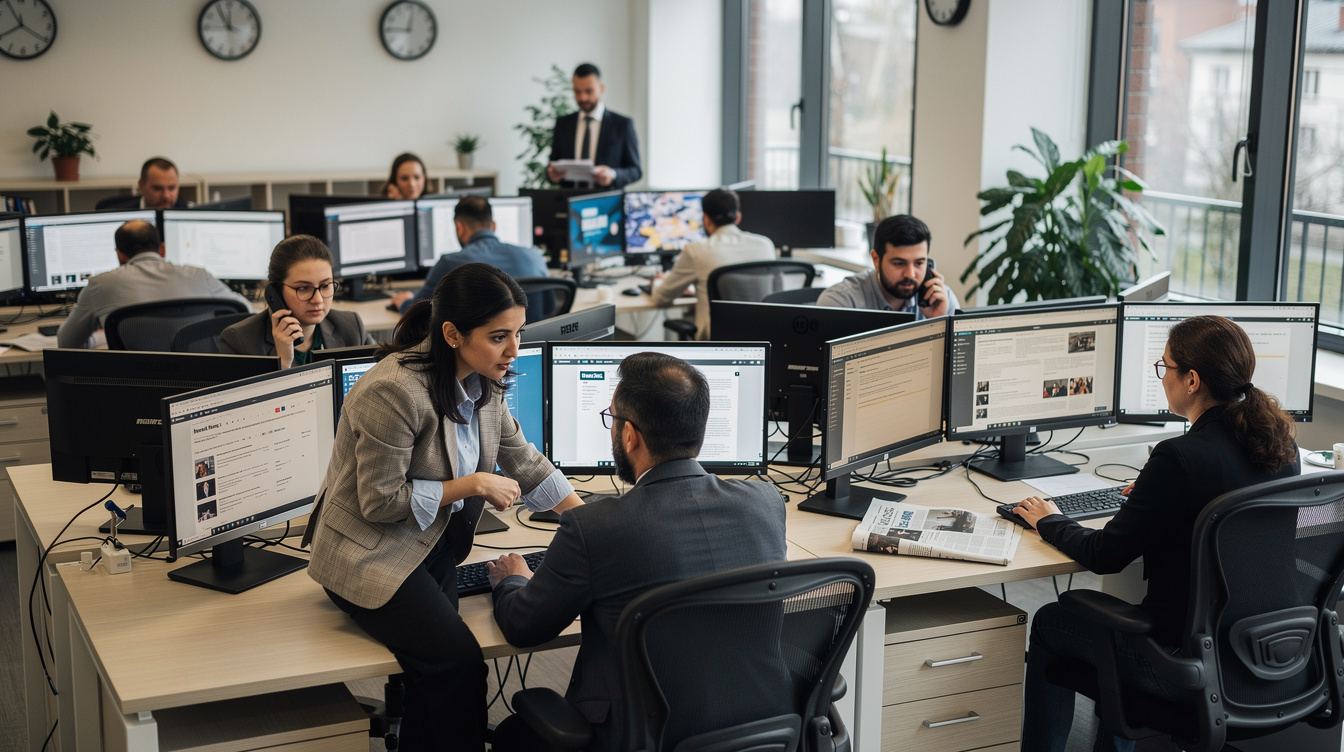Newsroom team working together at desks