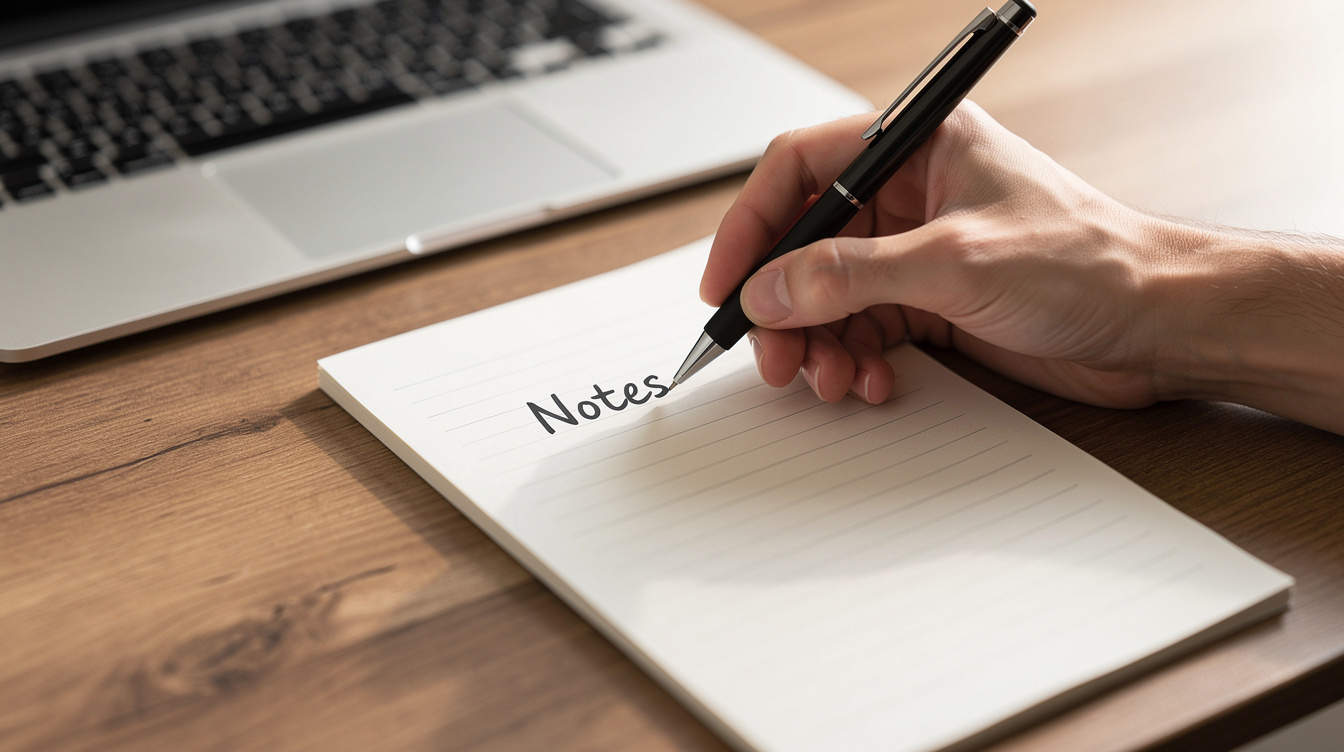 Person writing notes with pen on desk